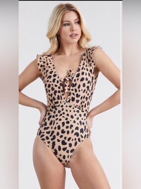 (45)New Creamy Beige Leopard Print Trendy Women's Summer One Piece Bathing Suit